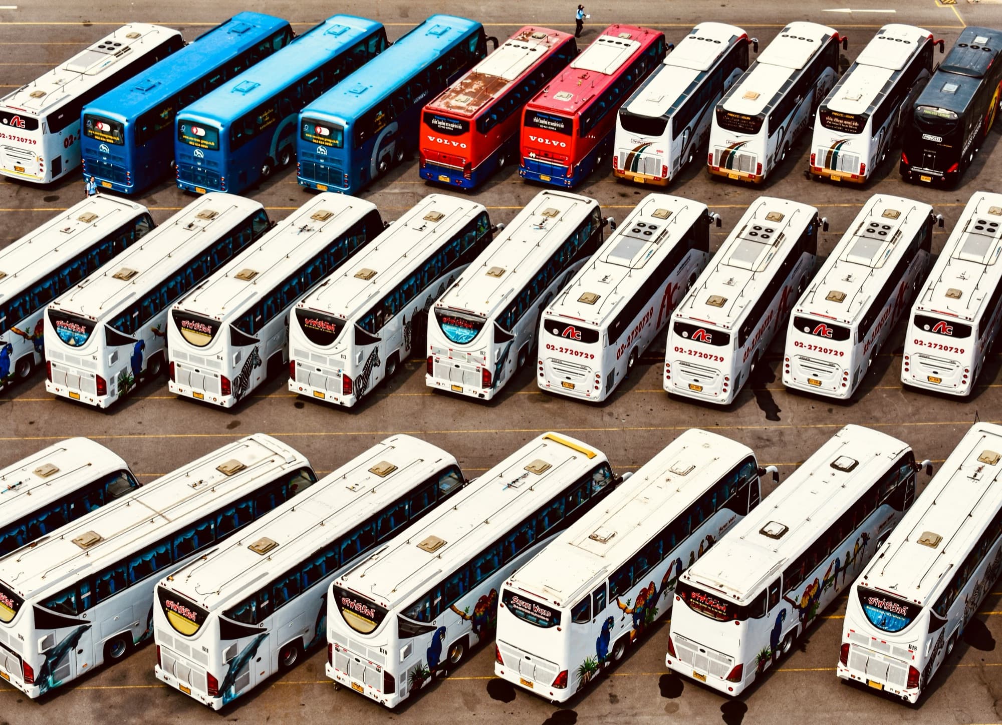 Luftbild eines Busparkplatzes mit mehreren Reihen abgestellter Reisebusse